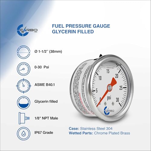 1-1/2" Fuel Pressure Gauge, Stainless Steel Case 304, Chrome Plated Brass Connection, Glycerin Filled, 0-30 Psi, Accuracy 3-2-3%, Back Mount 1/8" NPT - size: 30 PSI, style: Back Mount