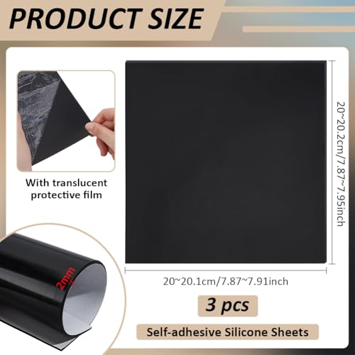 BENECREAT 3Pcs 8x8Inch Adhesive Silicone Rubber Sheets, Black Adhesive Nonslip Silicone Rubber Pad for DIY Gaskets Material, Pads, Sealing, Cushion, 2mm Thick - size: 2mm