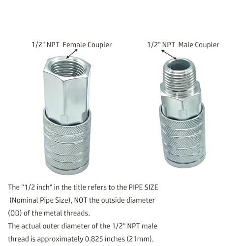 7-Piece 1/2" NPT Industrial Air Coupler Plug Set, Air Compressor Fittings