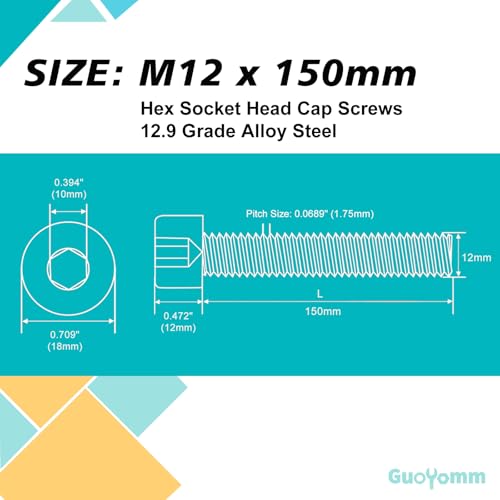 M12-1.75 x 150mm 3pcs Hex Socket Head Cap Screws Bolts, 12.9 Grade Alloy Steel, Black Oxide Finish, Metric Allen Hex Drive, Full Thread - size: M12 x 150mm(3PCS)
