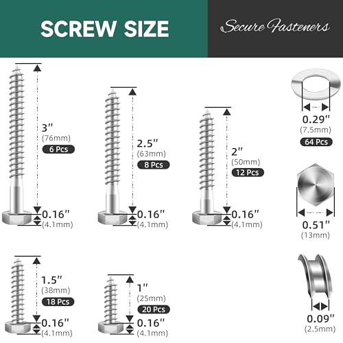 128Pcs 1/4" Hex Head Lag Screws, 304 Stainless Steel Wood Screws with Washers Kit with Socket, Bright Finish 1/4 Lag Bolts for Outdoor Woodworking - color: Silver, size: 1/4 Kit