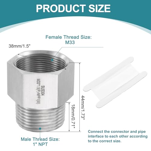 uxcell Pipe Fitting Reducing Adapter, 1" NPT Male x M33 Female 304 Stainless Steel Reducer Connector for Water Oil Air Pressure Gauge, Silver - size: 1" NPT x M33