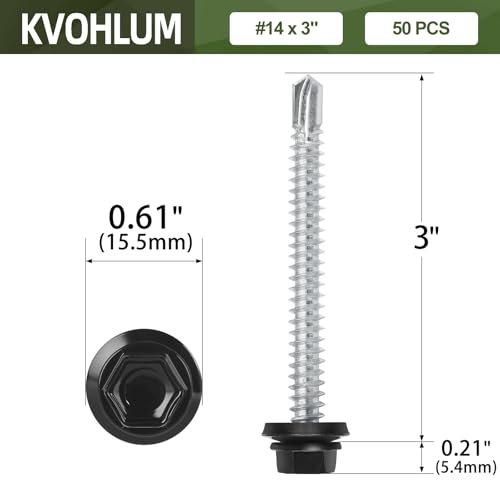 #14 x 3 (50 PCS) Black Metal Roofing Screws with Rubber Washer, Hex Head Self Tapping Screws for Metal, Self Drilling Sheet Metal Screw - size: #14 x 3"