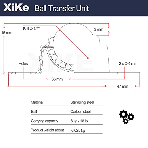 XiKe Ball Transfer Unit, 1/2 Inch Ball, Carbon Steel, 4 Pack - size: 18 pounds load & 1/2" ball diameter