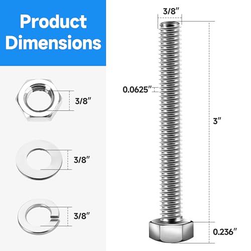 (6 Sets) 3/8 Bolt, 3/8-16 x 3 Hex Head Screws, Assorted Screws Nuts and Bolts with Flat & Lock Washers, Stainless Steel 3/8 Bolts and Nuts Set, Fully Threaded by Marysino - color: (Silver)-3/8, size: 3"