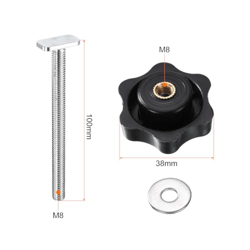 HARFINGTON 5Set T Track Bolts Knob Kit M8 x 100mm Threaded Bolts M8 x 38mm Hex Hand Nut Clamping Knob with Washer for Woodworking Jigs and Fixtures, Black Silver - color: Black, size: M8x100mm/M8x38mm