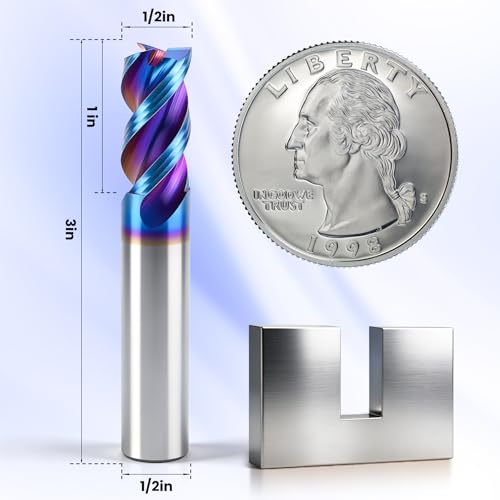 HQMaster Carbide Square End Mill with Nano Blue Coating, 1/2“ Shank 3 Flute End Mill, HRC 60 CNC Milling Bits Set for Aluminum, Copper, Magnesium Alloys & Composite Materials, 2-Pack - size: 1/2" x 1/2" x 1" x 3"