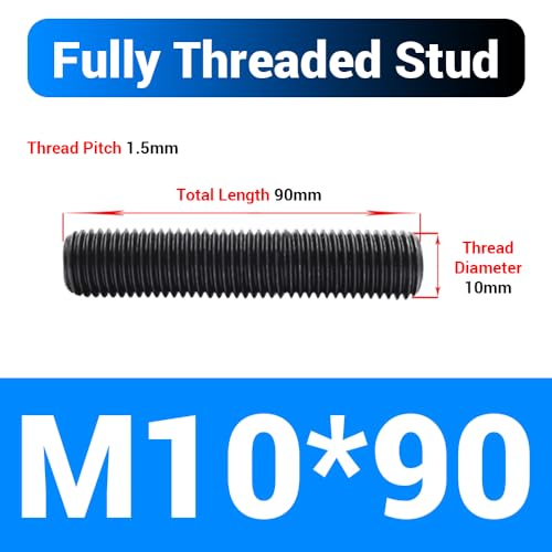 20pcs M10*90mm Fully Threaded Stud, Grade 8.8 Carbon Steel Black Oxide Finish Long Threaded Rod Bar for Furniture Industrial Maintenance Connection Fasteners - size: M10*90-20PCS