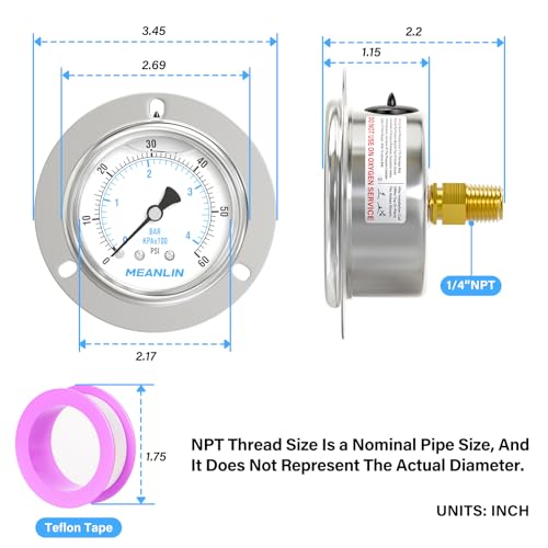 MEANLIN MEASURE 0~60Psi Liquid Filled Pressure Gauge Front Flange Panel Mount, 1/4" NPT 2.5" FACE DIAL Stainless Steel Case with Phillips Screw and Nut, +/-3-2-3% - size: 0-60Psi