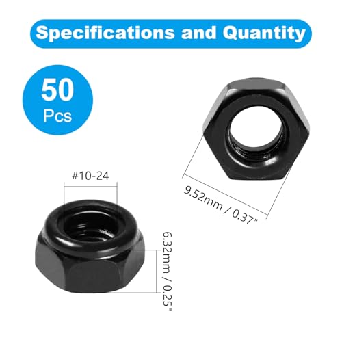 50Pcs #10-24 Nylon Insert Hex Lock Nuts Self-Locking Nut - size: #10-24; 50pcs