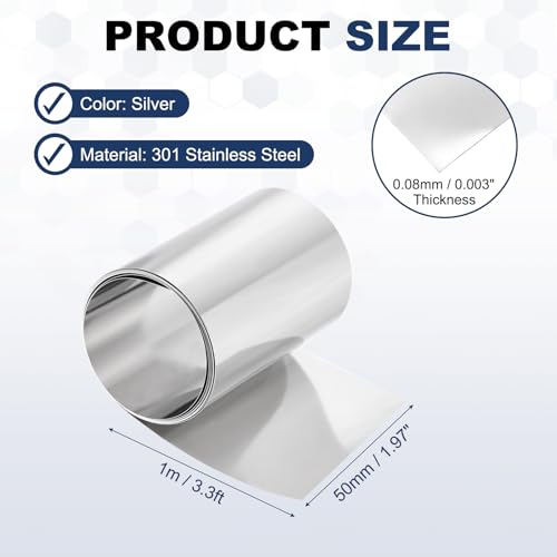 MECCANIXITY 301 Stainless Steel Foil Roll 0.08mmx50mmx1m Silver - size: 0.08mm x 50mm x 1m