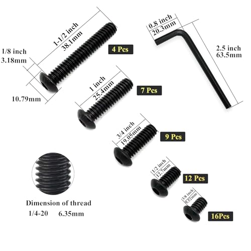 48 pcs 5 Sizes 1/4-20 Button Head Socket Cap Screws Assortment Kit, Black Oxide 10.9 Grade Carbon Steel Hex-Socket Cap Bolts,Fully Threaded, with Hex Key