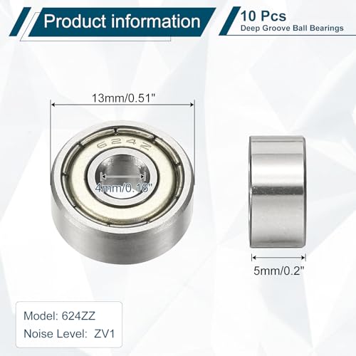uxcell 10Pcs 624ZZ Deep Groove Ball Bearings, 4x13x5mm Chrome Steel - size: 624ZZ (4x13x5mm)