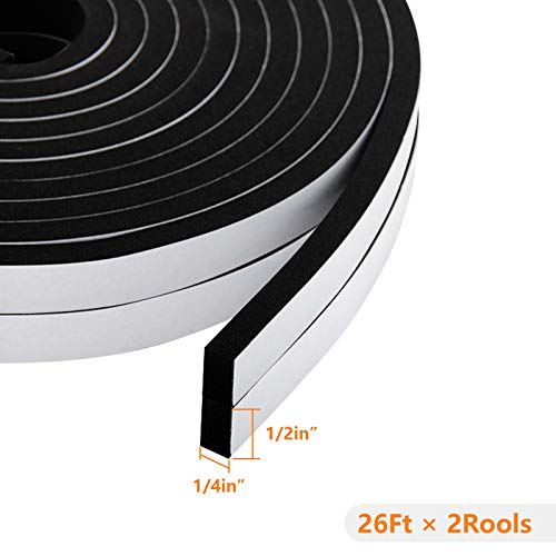 Neoprene Weather Strip with Adhesive, 1/2" x 1/4", High Resilience Door & Window Seal for Gaps & Cracks, 26 Feet (2 Rolls x 13ft) - size: 1/2in * 1/4in * 26FT
