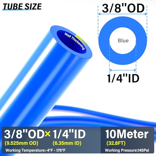 TAILONZ PNEUMATIC Blue 3/8 Inch OD 10 Meter 32.8ft PU Polyurethane Air Tubing Kit Pipe Hose Air Line Tubing Air Hose Fittings Push to Connect Fittings(27PCS) - color: Blue, size: 3/8" OD - 32.8 FT