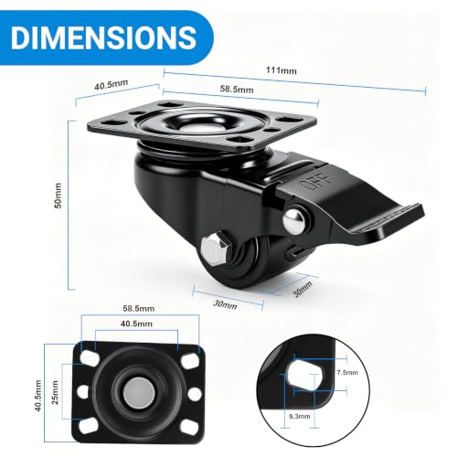 Nefish 1.25 Inch Small Caster Wheels Set of 4, Heavy Duty Low Profile Casters 1,100 Lbs, Durable Plate Swivel Nylon Wheels with Brake, Anti-wear Furniture Casters Extra-Wide Smooth for Bed Workbench - color: Black Carbon Steel, size: 1.25 IN