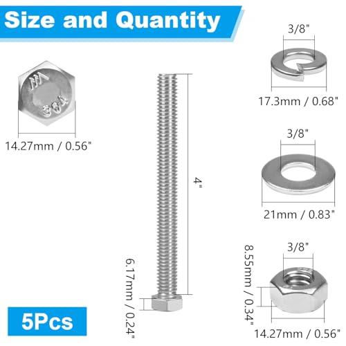 5 Sets 3/8-16x4 Hex Head Screw Bolt,Nuts,Flat & Lock Washers - size: 3/8-16 × 4"