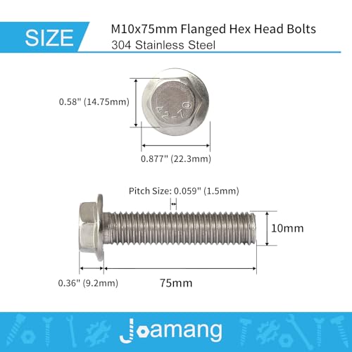 M10 x 75mm 4Pcs Flanged Hex Head Bolts, M10 x 1.5 Bolts, Flange Hexagon Head Screws, 304 Stainless Steel, Bright Finish, Metric Fully Thread - size: M10 x 75mm(4PCS)
