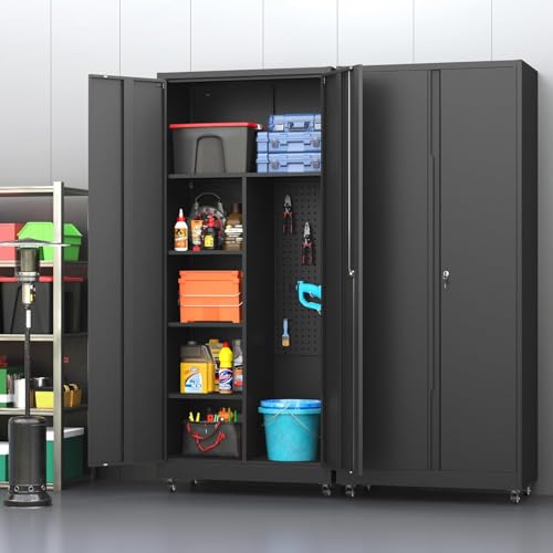 Metal Garage Storage Cabinet with 2 Doors, Adjustable Rolling Tool Storage Cabinet with Lock, 71" Steel Locking Broom Closet with Wheels and Shelves for Garage, Warehouse(Black, 71" H) - color: Black, size: 71"H(2-Door)