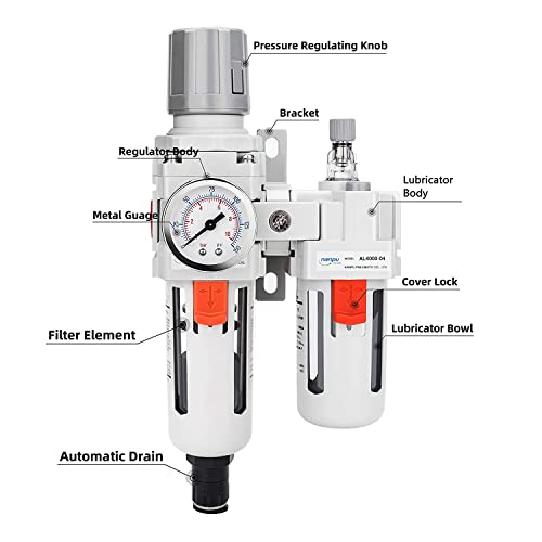 NANPU 1/2" NPT Air Filter Regulator Lubricator Combo, Water Separator - size: 1/2" NPT, style: Auto Drain, Metal Coupler & Plug