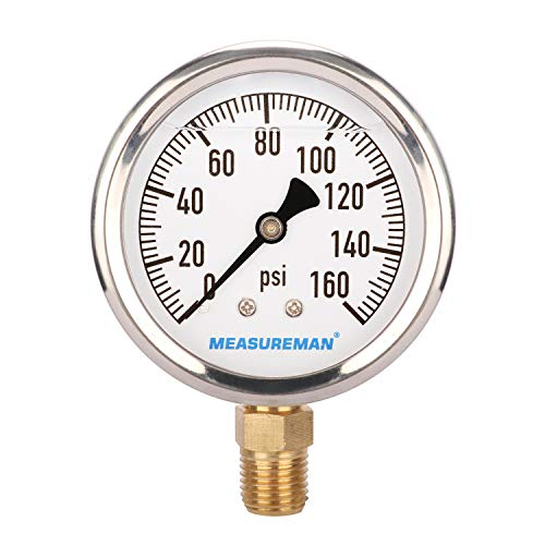 MEASUREMAN 2-1/2" Dial Size, Glycerin Filled Plumbing Pressure Gauge, 0-160psi, Stainless Steel Case, 1/4" NPT Lower Mount - size: 0-160 psi, style: Lower Mount