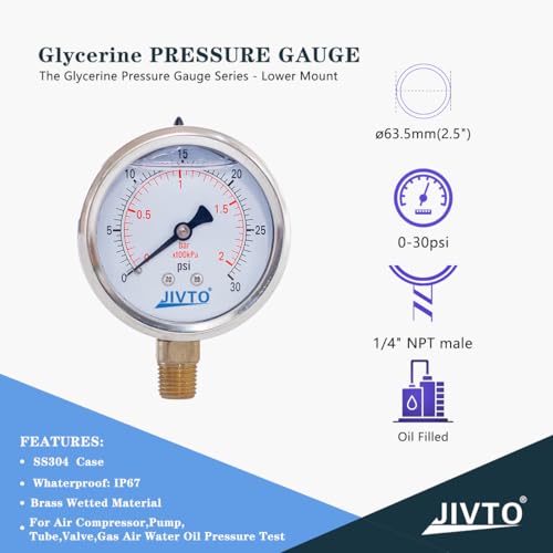 Pressure Gauge,Glycerin Liquid Filled,2-1/2" Dual Scale Dia,0-30 psi/bar/kpa,1/4" NPT Male Brass Connection,Lower Mount, Stainless Steel Case,for Pneumatic,Pump,Hose,Well Tank,Gas Air Water Oil - size: 0-30 psi, style: lower mount