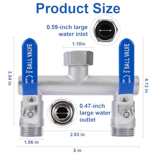 2 Way Garden Hose Splitter, 304 Stainless Steel T Valve, Full Flow with Long Handle, Lead-Free Rust & Freeze Resistant, 3/4" GHT Thread Outdoor Hose Adapter