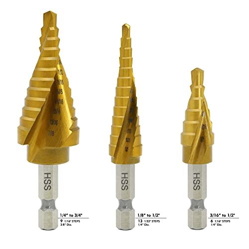 GMTOOLS Step Drill Bit Set, 3 Pcs Titanium High Speed Steel Unibit Drill Bits, Stepped Up Bits for Sheet Metal, DIY Lovers with Aluminum Case, Total 28 Sizes for Multiple Hole - style: 3PCS