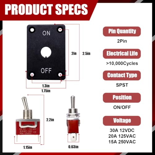 12V 30A Waterproof Toggle Switch, 2 Pin SPST ON/Off Toggle Switch