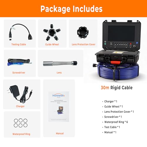 Holdwells Sewer Camera with Transmitter, 9" Pipeline Inspection Camera, 30m - size: 100FT/30M, style: 9" Screen with Transmitter