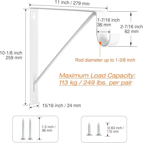 4 Pack Heavy Duty Closet Shelf & Rod Brackets, Wall Mounted Closet Shelf Brackets, 11 x 10.2 Inch Closet Shelf Brackets with Rod Support, White - size: 4 Pack-White