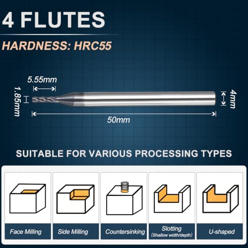 1.85mm Carbide End Mill, 5.55mm Cut L, 50mm L, 4mm Shank, Black - color: Black, size: 1.85mm Dia,5.55mm CL,50mm L,4mm Shank
