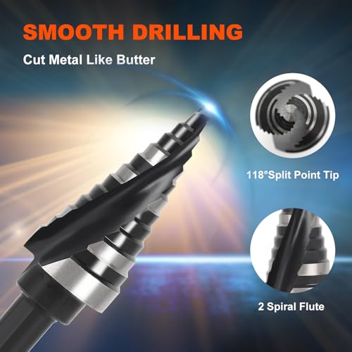 M2 Step Drill Bit for Metal,12 Steps from 3/16" to 7/8" Spiral Flutes - size: M2 3/16"-7/8"