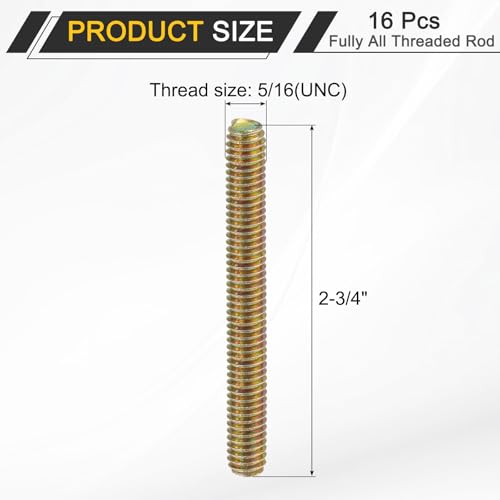 uxcell 16 Pack Fully All Threaded Rod, 5/16" UNC Thread, 2-3/4" Length, Silver Carbon Steel Hex Head Stud Bolts for Furniture Mounting - size: 2-3/4"