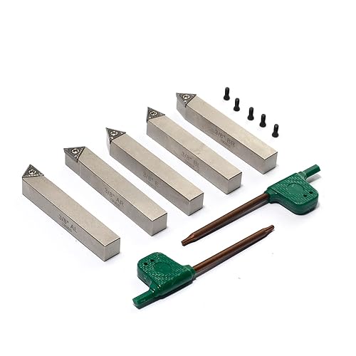 Mini Indexable Lathe Turning Tool-3/8" Shank Nickel Plated 5 Pieces Carbide Turning Tool Set, Metal Lathe Cutting Tools with Carbide Inserts TCMT110204(TCMT21.51)
