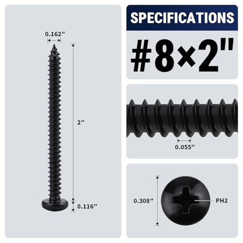#8 x 2 (50 Pack) Stainless Steel Pan Head Self Tapping Screws, 304 SS (18-8) Black Coated, Phillips Drive Round Head Corrosion Resistant Screws for Wood & Sheet Metal - size: #8 x 2"