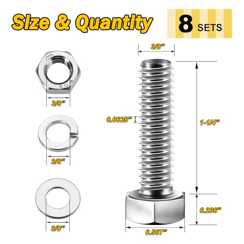 Mywish (8 Sets) 3/8-16x1-1/4 Hex Head Assorted Screws Nuts and Bolts with Flat & Lock Washers, 304 Stainless Steel 18-8, Fully Threaded, 3/8 Bolt Metric Bolt Assortment - size: 3/8-16 x 1-1/4 (8 set)