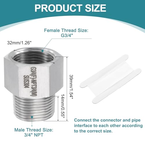 uxcell Pipe Fitting Reducing Adapter, 3/4" NPT Male x G3/4" Female 304 Stainless Steel Reducer Connectors for Water Oil Air Pressure Gauge, Silver - size: 3/4" NPT x G3/4"