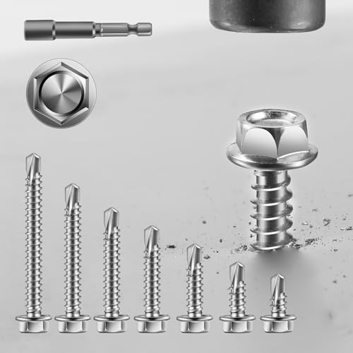 #8 x 1-1/2" Self Drilling Screws (131Pcs) Hex Washer Head 410 Stainless Steel Self Tapping Screws for Metal Sheet Metal Screws with Hex Socket Included - color: Silver, size: #8 x 1-1/2"
