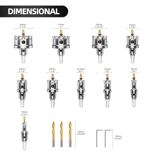 Renato 12PCS TCT Hole Saw Kit for Hard Metal, 9/16”-2-1/8" Inch Tungsten Carbide Tipped Hole Saw Set, Heavy Duty Hole Cutter for Metal, Stainless Steel, Iron, Wood, Plastic