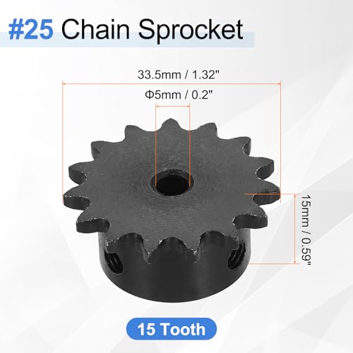 uxcell #25 Chain Roller Sprocket 5mm Bore 33.5mm OD, 15 Tooth C45 Carbon Steel ANSI #25 Roller Sprocket Round Hole with Set Screws for ISO 04C Chain, Black - size: 5mm Bore 33.5mm OD, 15 Tooth