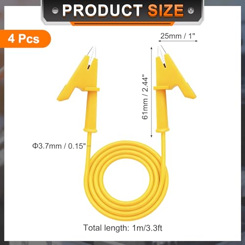 MECCANIXITY 4pcs 3.3ft Alligator Clip Test Leads, 15A Dual Alligator Clips with Wires for Multimeter Jumper Wire Industry Car Battery, Yellow