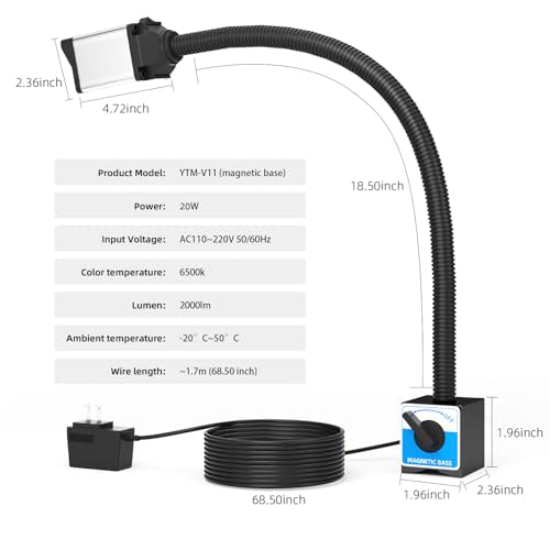 YouTeMei LED Work Light, Flexible Gooseneck Lamp, 2000 Lumen Machine Magnetic Light for Lathe CNc Milling Drill Press Sewing Machine IndustrialLighting,120V
