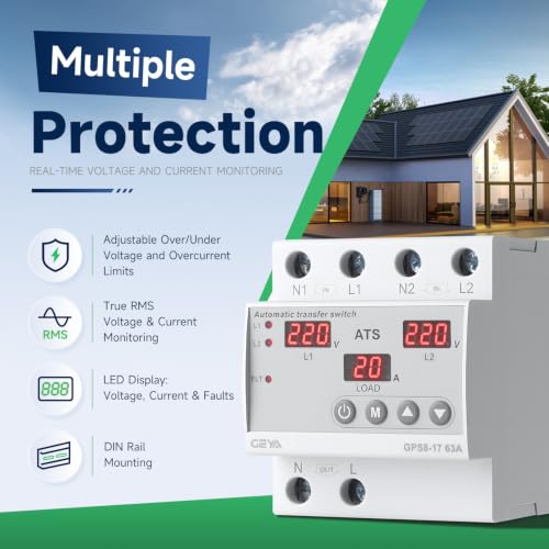 GEYA GPS8-18 80A 220V 3 Phase Automatic Transfer Switch, Dual Power ATS with Over/Under Voltage and Overcurrent Protection, Adjustable Priority Phase Selector, DIN Rail Mount for Generator - size: 3P-80A-AC230V +Digital Display