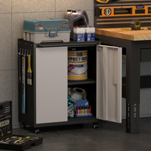 GREATMEET Garage Storage Cabinet with Wheels, Utility Cabinet - color: Black/Grey