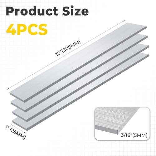 4PCS 6061 Aluminum Flat Bar 3/16" x 1" x 12"(T x W x L) - size: 3/16" x 1" x 12"