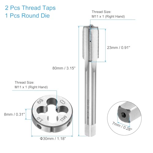 uxcell 3pcs Tap and Die Set, Metric M11 x 1 Thread Taps & Round Die, Tapping Threading Tool Tap & Die Kit for Nut Screw Bolt Thread Repair - size: M11 x 1