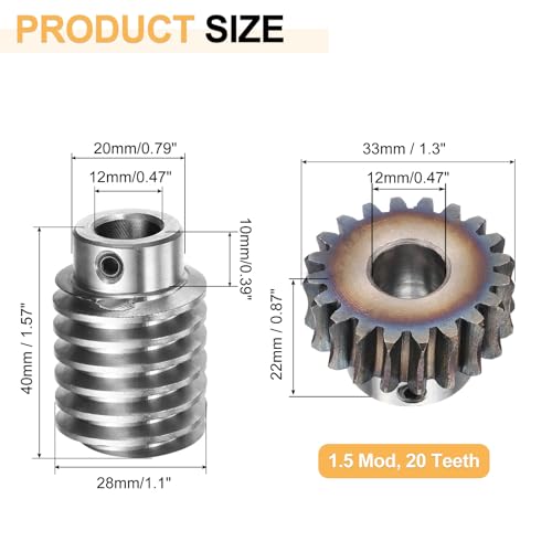 uxcell #45 Steel Worm Gear Set 20T 1.5 Module 20:1 Reduction Rate, Right Rotation Drive Gear Box Wheel Reduce Transmission Part (Gear-12mm Bore 33 mm OD, Rod 12mm Bore) - size: 12x33x12mm, style: 20:1