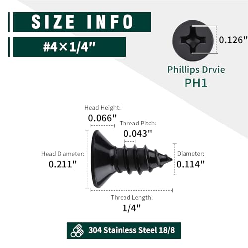 #4 x 1/4" Flat Head Phillips Sheet Metal Tek Screws, 304 Stainless Steel 18-8, Black Oxide Coated Finish, Corrosion Resistant Flat Head Wood Screws, 100 PCS - size: #4 x 1/4"