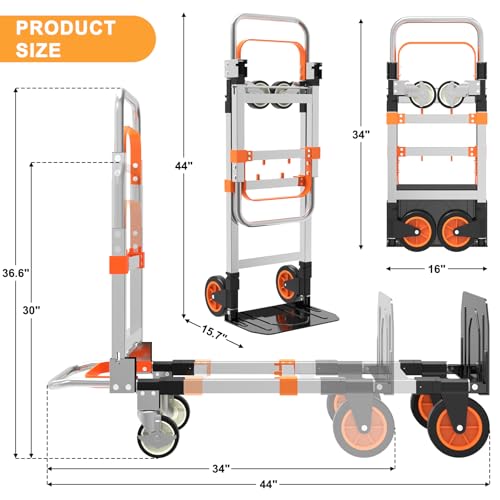 3 in 1 Aluminum Folding Hand Truck Dolly Cart Trolley with Wheels (Orange) - color: Orange Silver